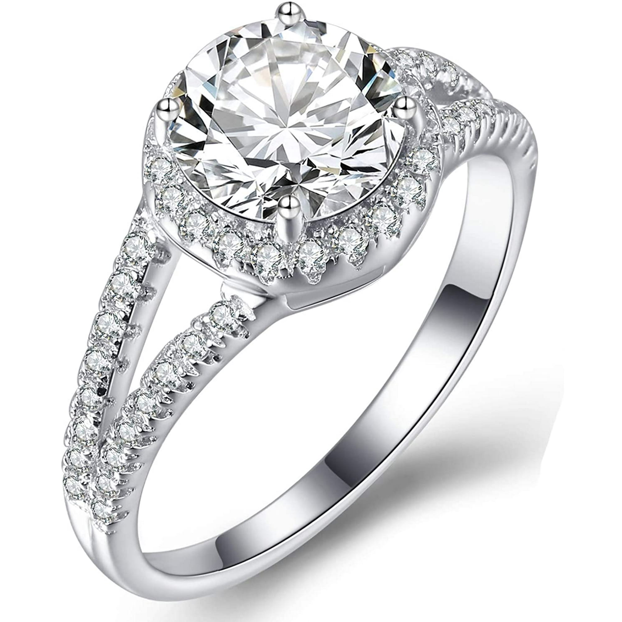 Split Shank Halo Wedding Ring Baguette Round CZ 925 Sterling Silver Choose Color 